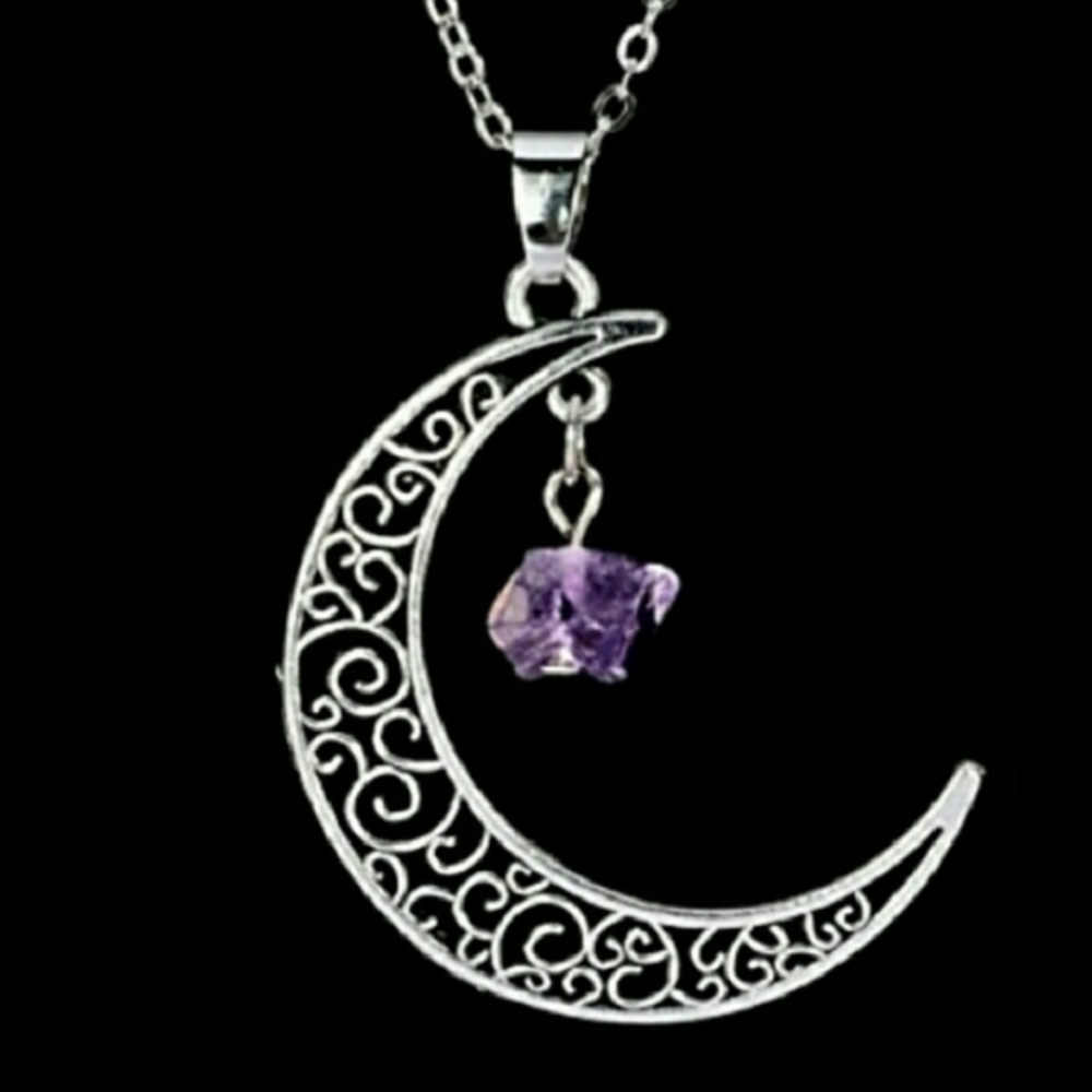 B36  Silver Amethyst  Crescent Necklace